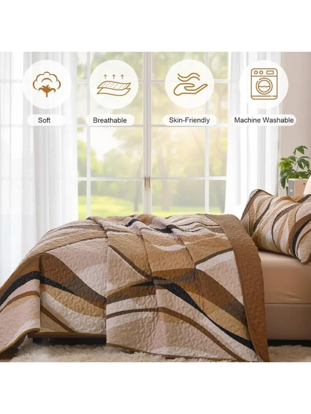 King Size Quilt Set - Brown & Grey Stripe Bedding, 3PCs Soft Microfiber Coverlet